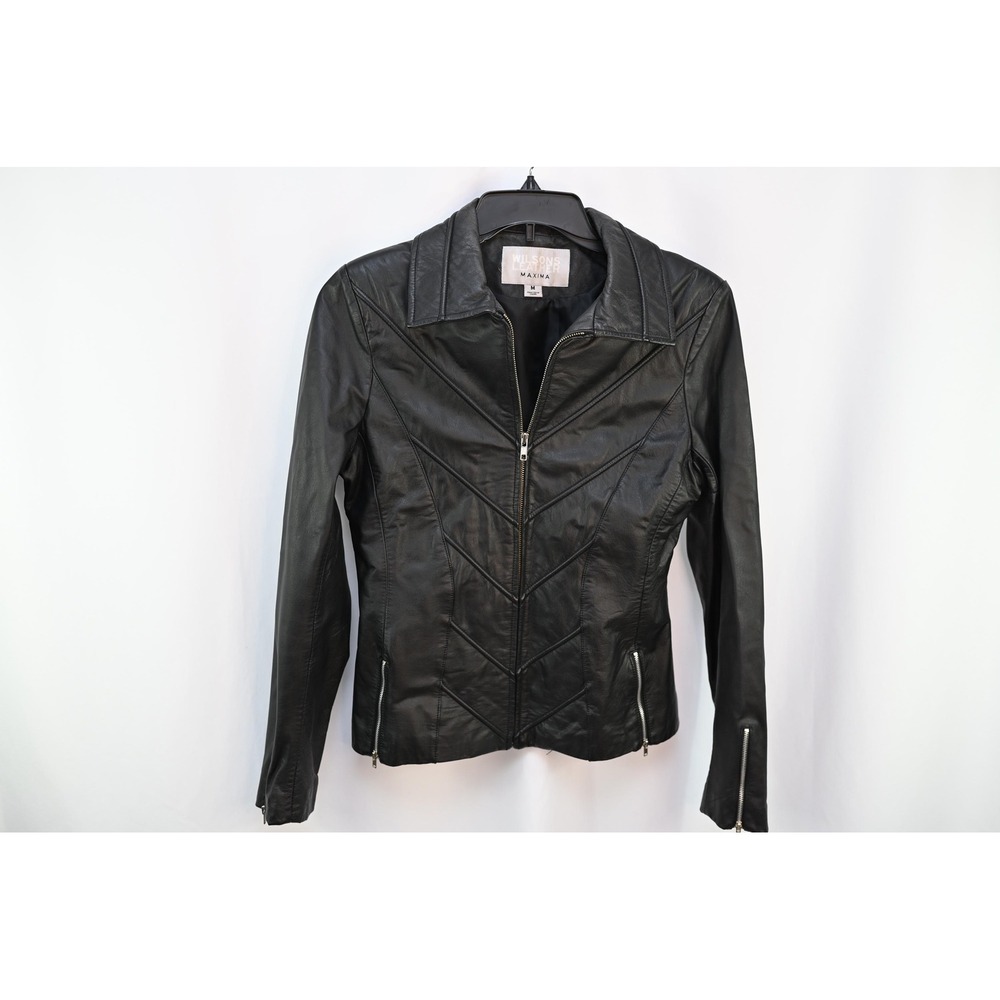 Wilsons Leather Maxima Vintage Black Moto Jacket Womens Medium 90s Y2K Chevron